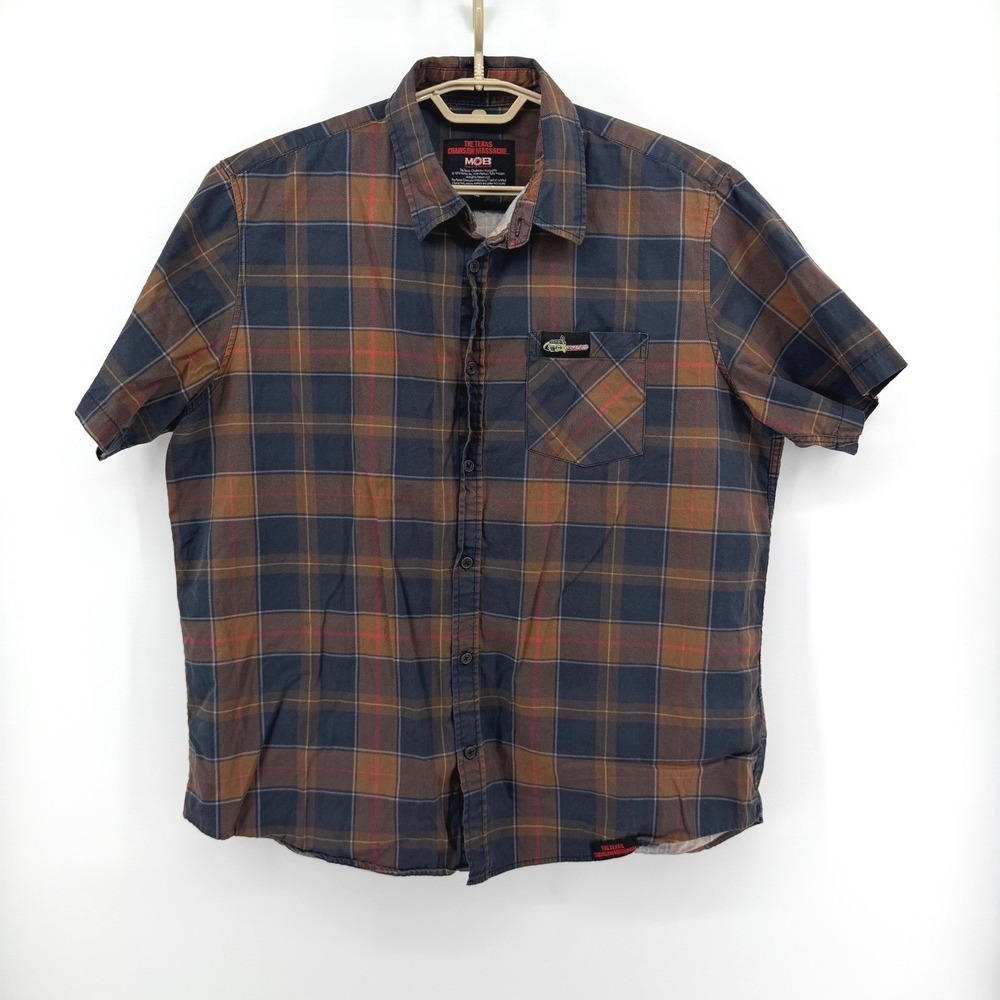 Middle of Beyond Texas Chainsaw Massacre Plaid Shirt Mens XL Brown Short Sleeve
